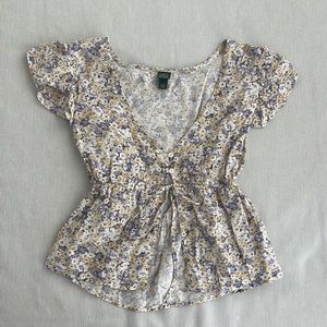 Floral Blouse - Flutter-sleeve, Tie Front